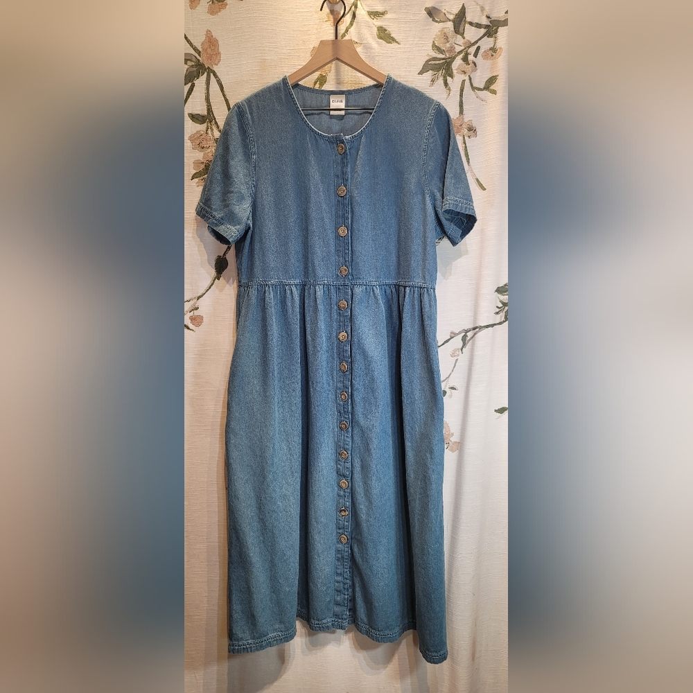 Blair Size Large Button Down Pockets Denim Shift Midi Blue Sundress Cottagecore - Picture 7 of 10